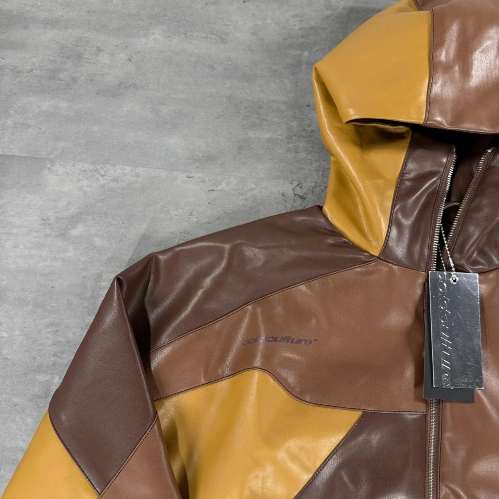 Cold Culture Route Jacket M Brown Colorblock Hooded Bomber $189 Vegan Leather